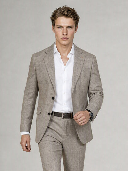 Savile GA0085 oatmeal glen plaid linen 2-piece suit – full body dynamic walking pose showing natural drape, movement and Italian tailoring silhouette