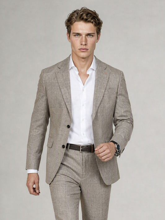 Savile GA0085 oatmeal glen plaid linen 2-piece suit – full body dynamic walking pose showing natural drape, movement and Italian tailoring silhouette