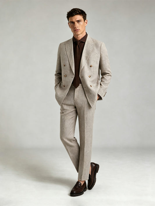 Savile GA0086 oatmeal windowpane check double-breasted suit – upper body front view showing peak lapel, six gold-tone buttons and deep brown turtleneck layering