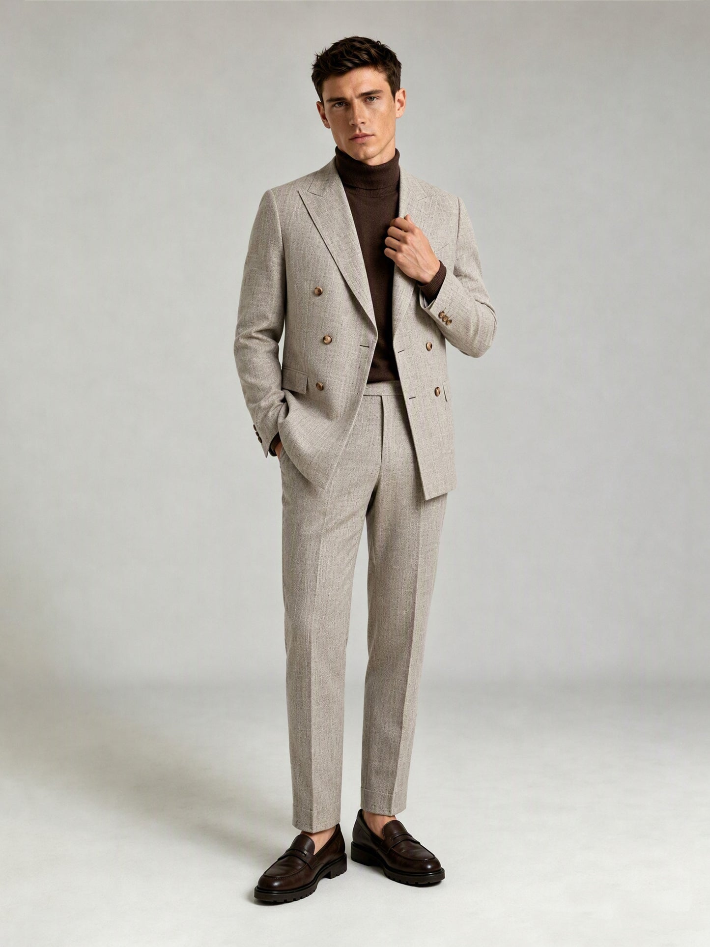 Savile GA0086 oatmeal greige check 2-piece suit set – full body front view, hands in pockets with dark brown penny loafers and brown knit tie styling