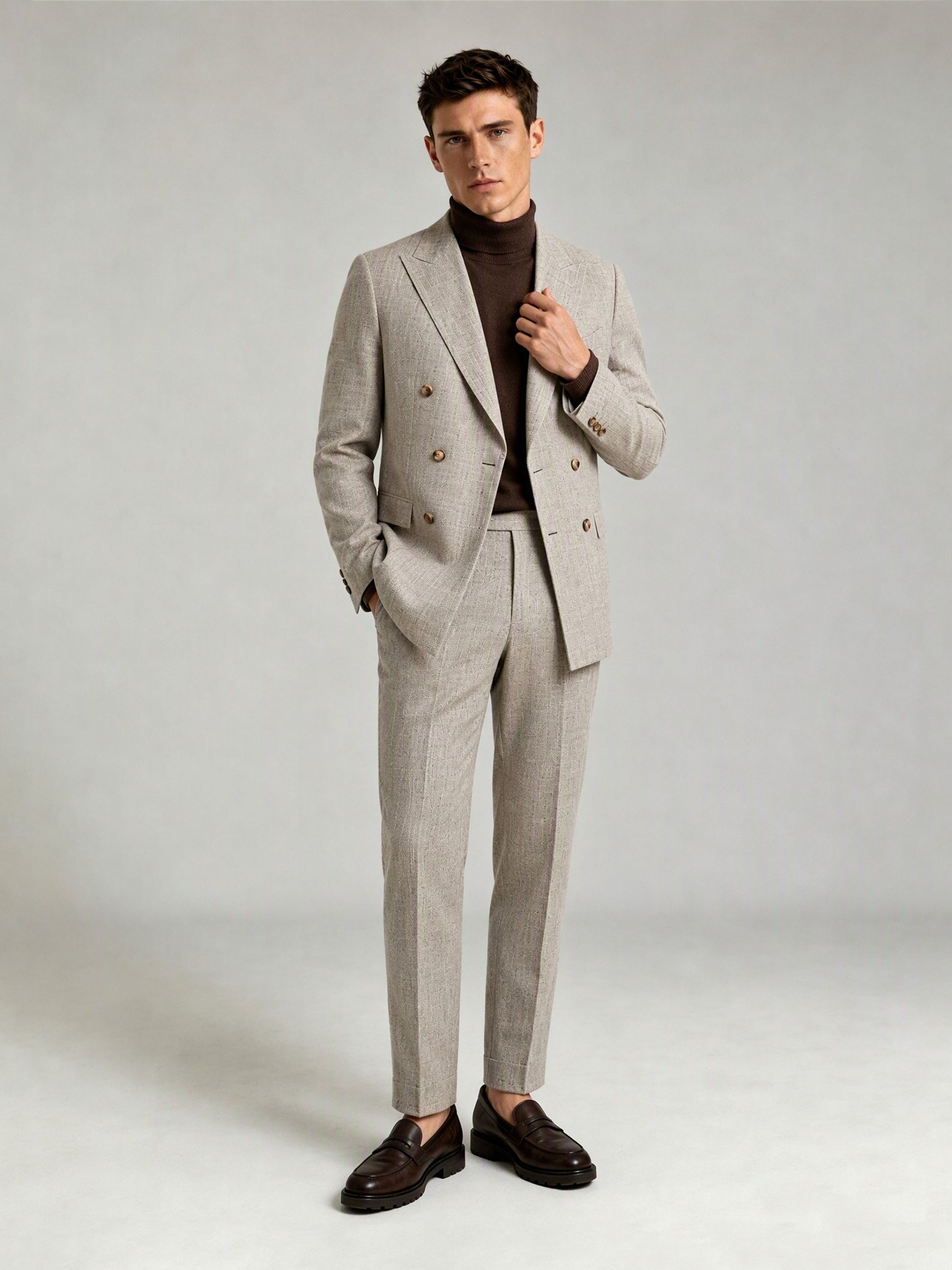 Savile GA0086 oatmeal greige check 2-piece suit set – full body front view, hands in pockets with dark brown penny loafers and brown knit tie styling