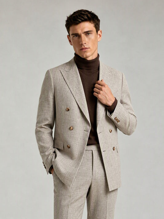 Savile GA0086 oatmeal windowpane check wool suit – full body front view, hands clasped showing complete Italian tailoring silhouette and gold button cuffs