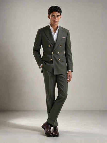 Savile GA0087 olive green double-breasted suit – upper body front view showing peak lapel, six gold-tone buttons, white open-collar shirt and printed pocket square