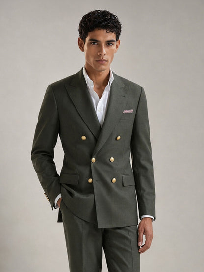 Savile GA0087 olive green wool suit set – back view showing center vent, structured peak lapel shoulders, gold button cuffs and slim turn-up trouser drape
