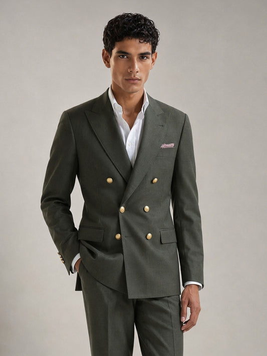 Savile GA0087 olive green wool suit set – back view showing center vent, structured peak lapel shoulders, gold button cuffs and slim turn-up trouser drape