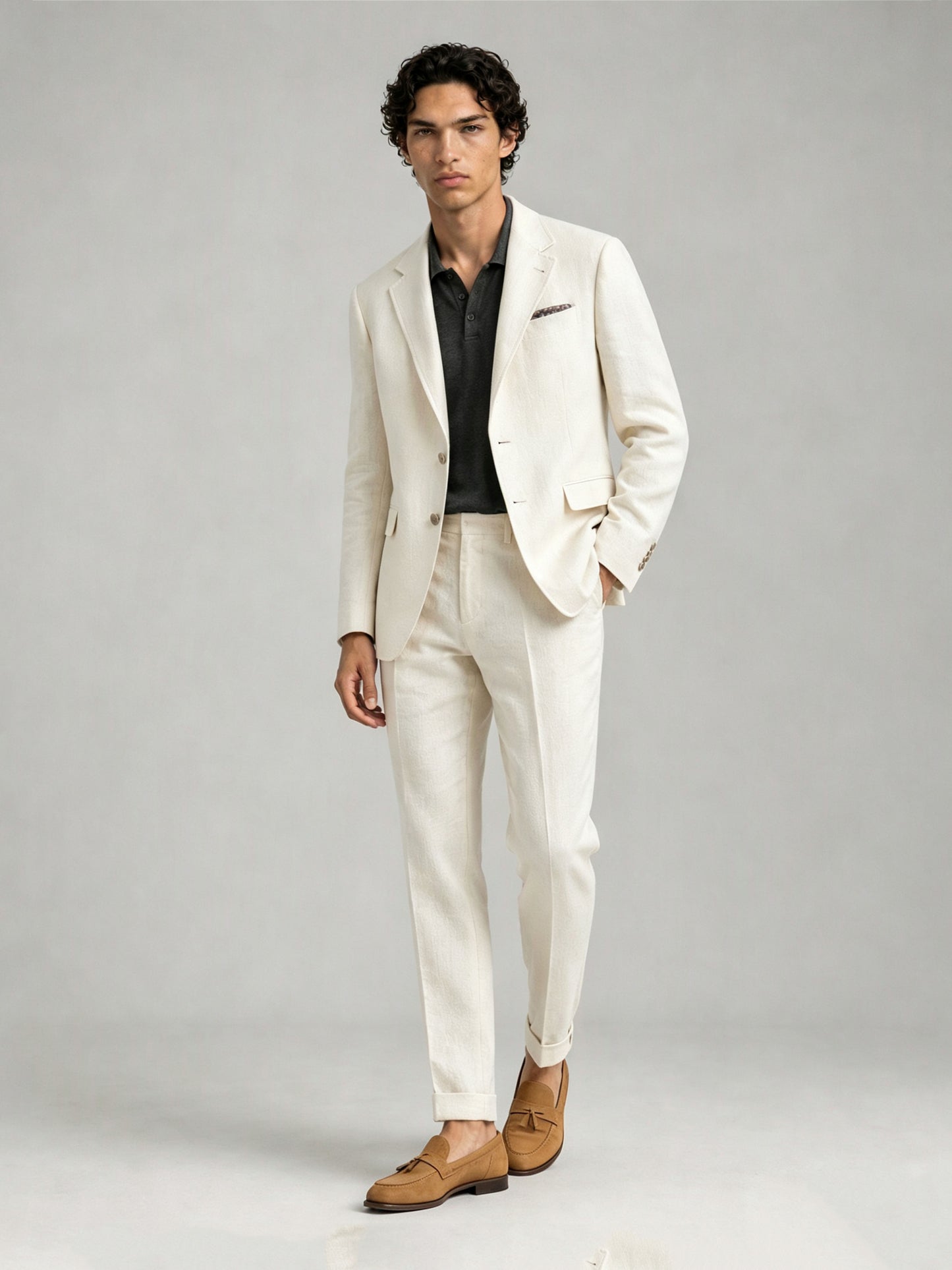 Savile GA0088 cream ivory linen suit – upper body front view showing notch lapel, two-button closure, olive green polo shirt and printed pocket square detail