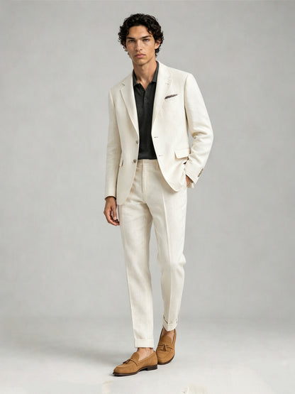 Savile GA0088 cream ivory linen suit – upper body front view showing notch lapel, two-button closure, olive green polo shirt and printed pocket square detail