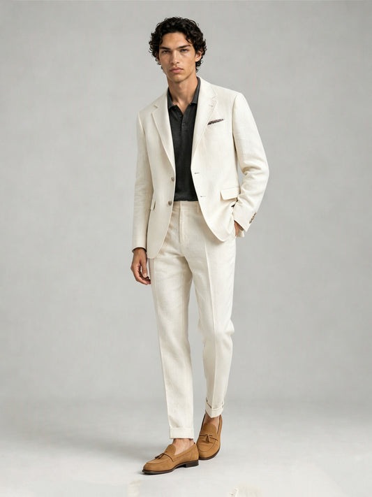 Savile GA0088 cream ivory linen suit – upper body front view showing notch lapel, two-button closure, olive green polo shirt and printed pocket square detail