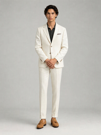 Savile GA0088 cream ivory linen 2-piece suit set – full body front view, hand in pocket with tan suede tassel loafers showing turn-up trouser cuffs