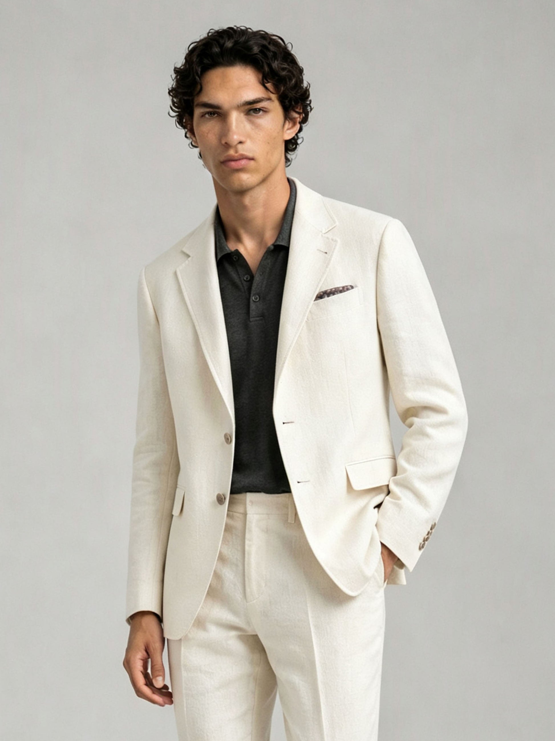 Savile GA0088 cream ivory linen 2-piece suit – full body front view, hand touching lapel showing Italian drape, notch lapel profile and turn-up trouser cuffs