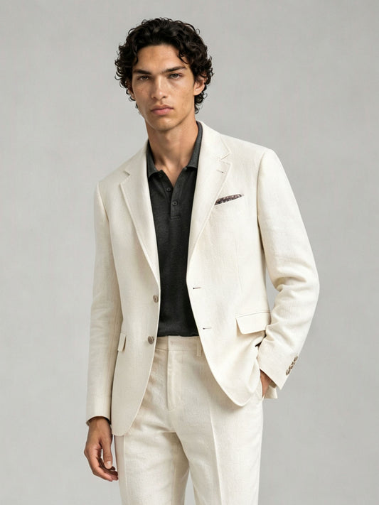 Savile GA0088 cream ivory linen 2-piece suit – full body front view, hand touching lapel showing Italian drape, notch lapel profile and turn-up trouser cuffs