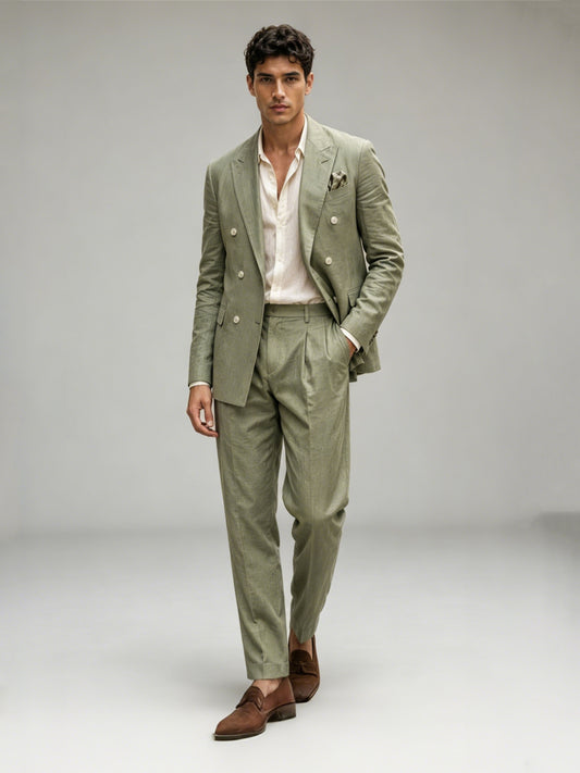 Savile GA0089 sage green linen double-breasted suit – upper body front view showing peak lapel, six pearl-white buttons, cream open-collar linen shirt and printed pocket square
