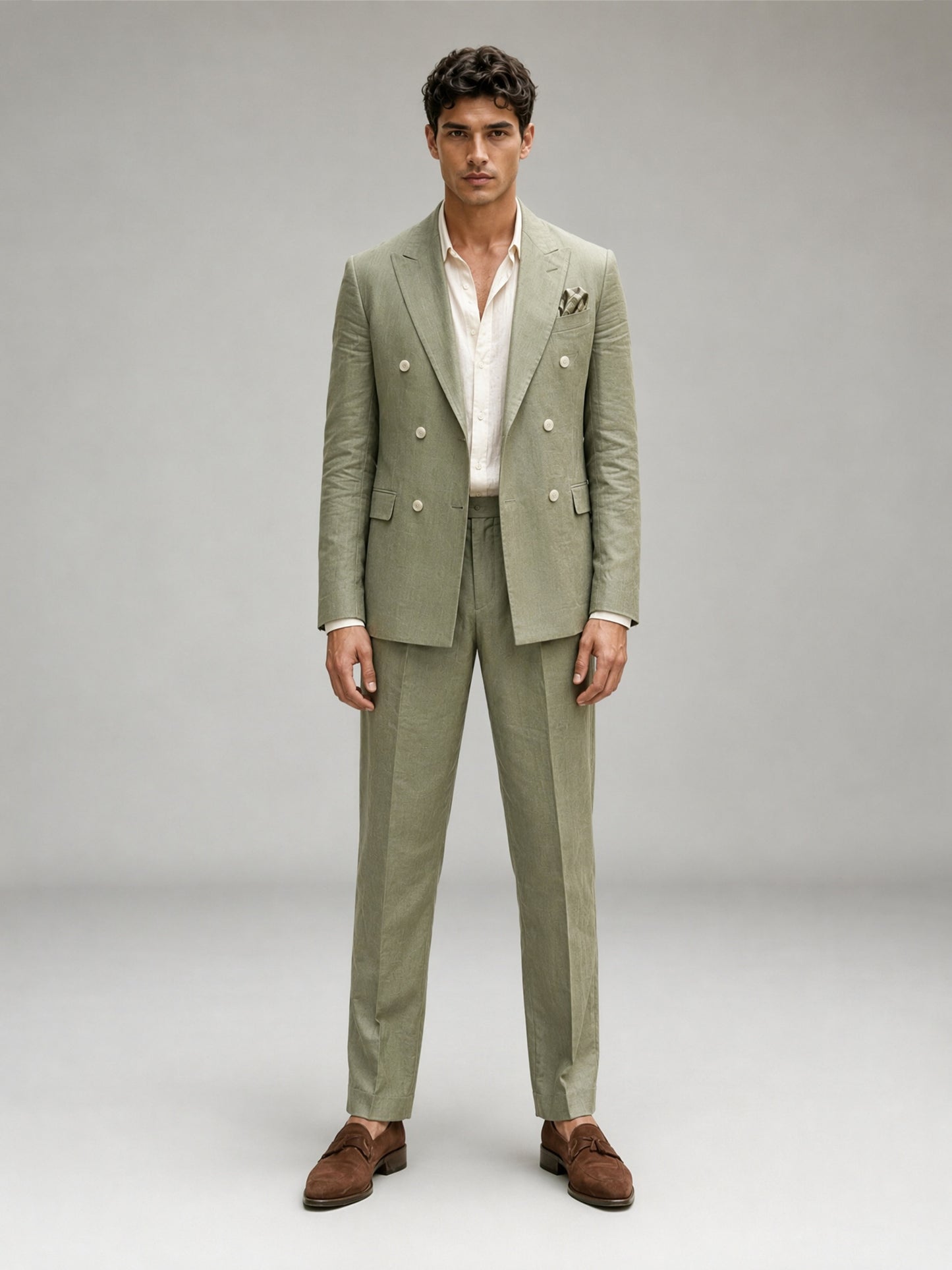 Savile GA0089 sage green linen 2-piece suit set – full body front view, hand in pocket with brown suede tassel loafers showing turn-up trouser cuffs and slim silhouette