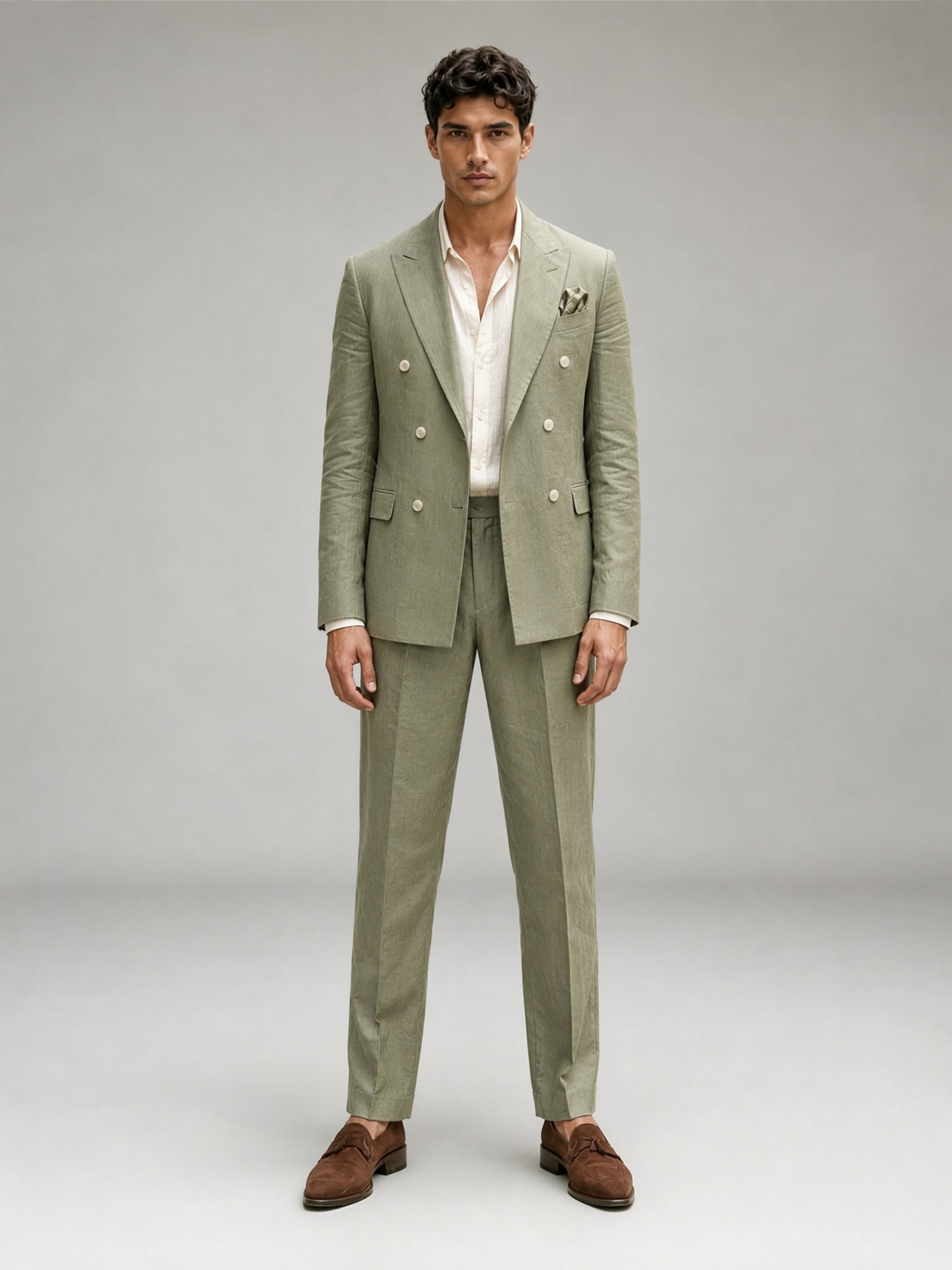 Savile GA0089 sage green linen 2-piece suit set – full body front view, hand in pocket with brown suede tassel loafers showing turn-up trouser cuffs and slim silhouette