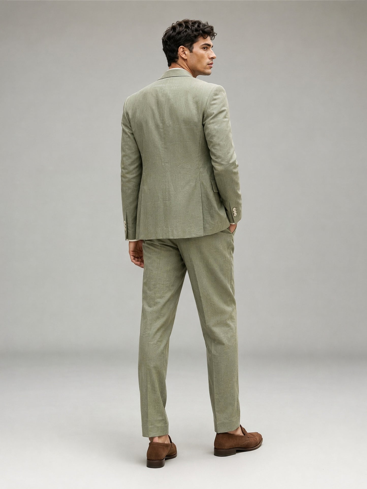 Savile GA0089 sage green double-breasted suit – full body front view, natural standing pose showing complete Italian tailoring silhouette and turn-up trouser cuffs
