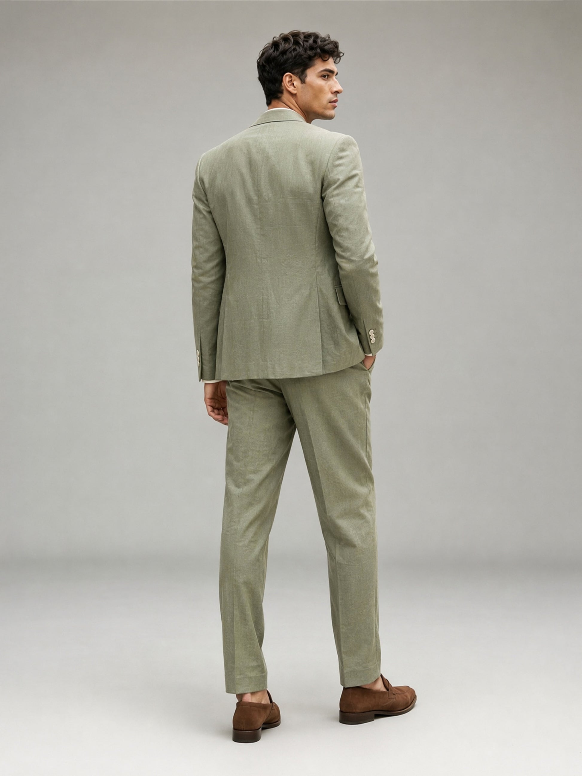 Savile GA0089 sage green double-breasted suit – full body front view, natural standing pose showing complete Italian tailoring silhouette and turn-up trouser cuffs