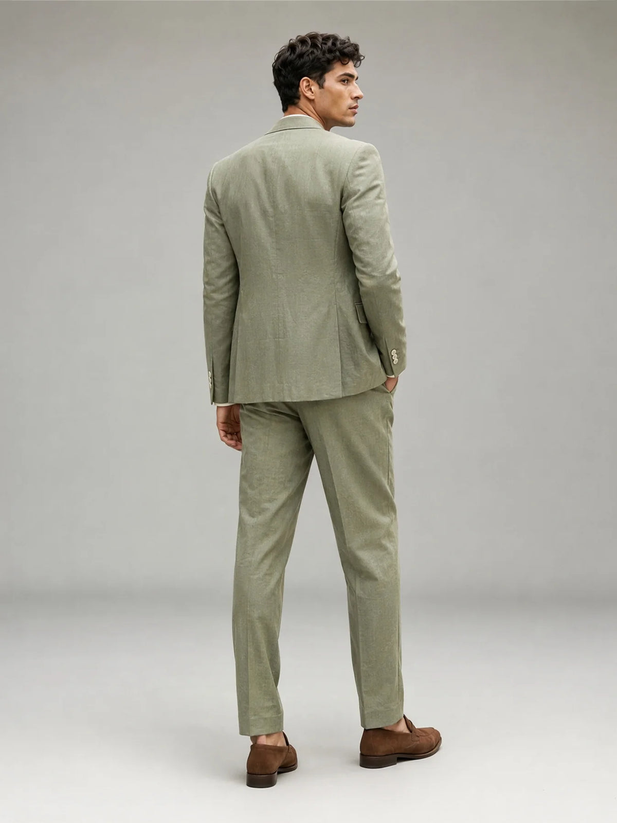 Savile Men's Sage Green Linen-Blend Double-Breasted 2-Piece Suit Set – Peak Lapel Slim-Fit Blazer & Turn-Up Trousers
