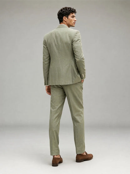Savile Men's Sage Green Linen-Blend Double-Breasted 2-Piece Suit Set – Peak Lapel Slim-Fit Blazer & Turn-Up Trousers