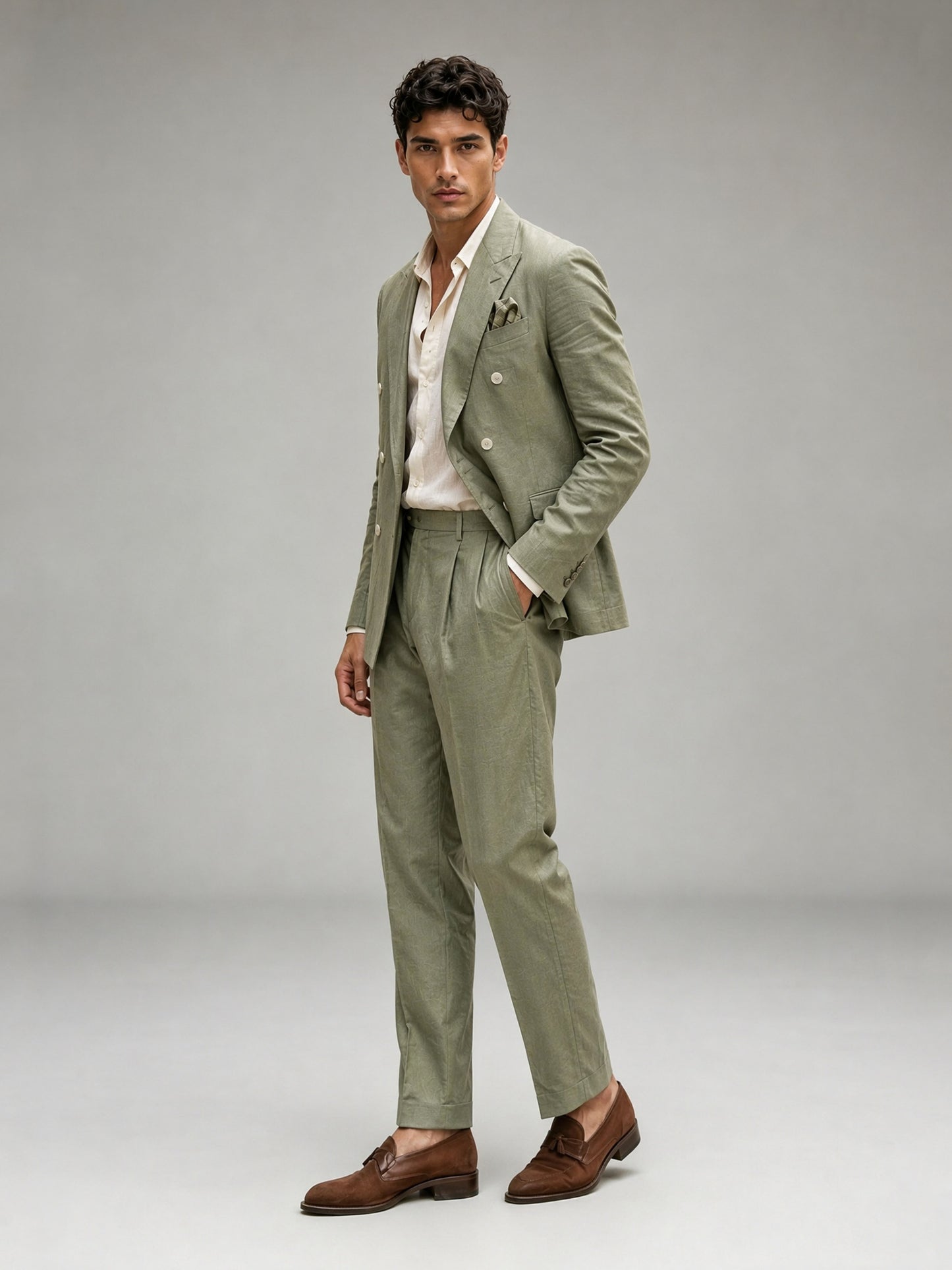 Savile GA0089 sage green linen suit set – back view showing center vent, structured peak lapel shoulders and slim turn-up trouser drape with brown tassel loafers