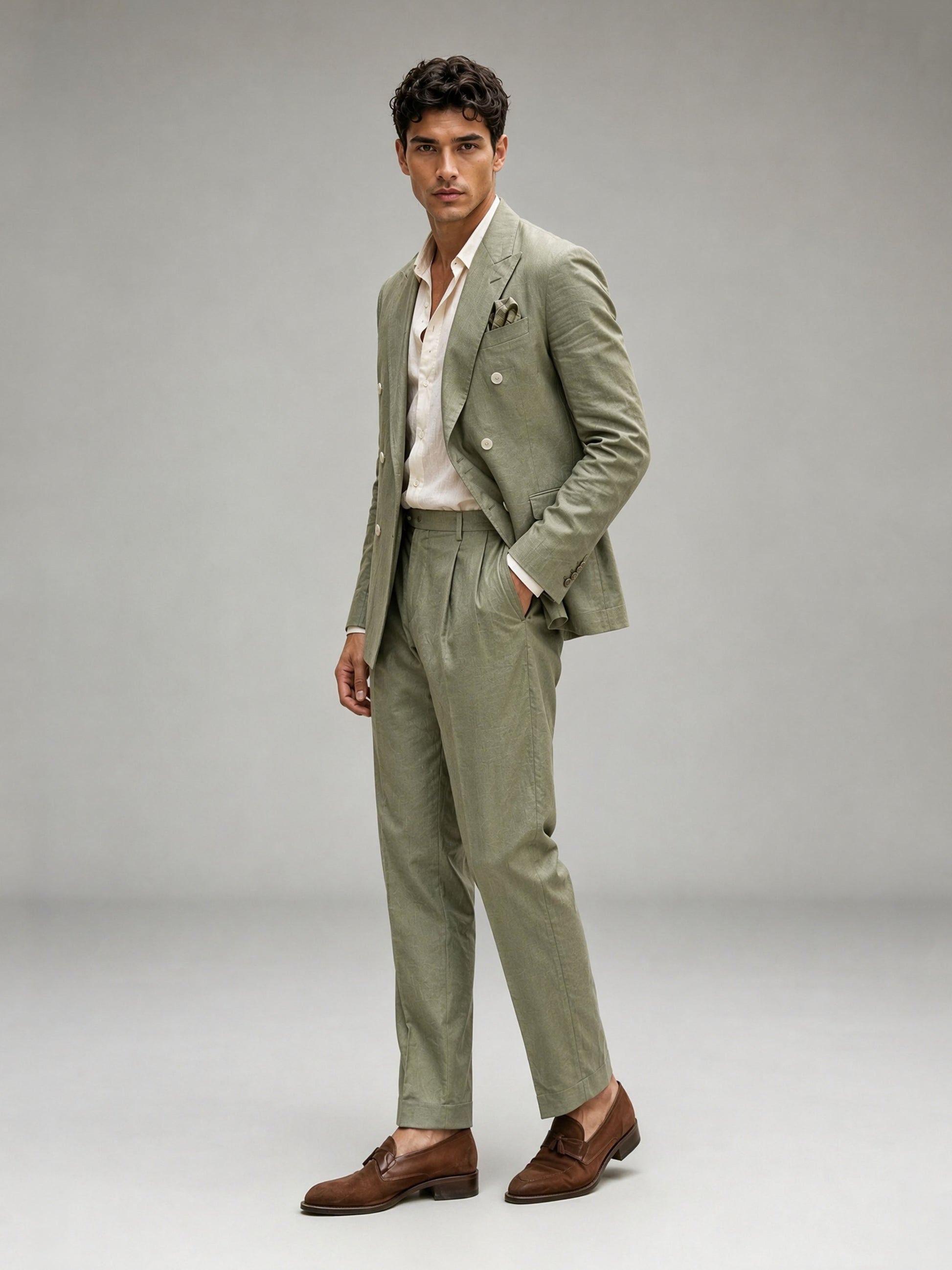 Savile GA0089 sage green linen suit set – back view showing center vent, structured peak lapel shoulders and slim turn-up trouser drape with brown tassel loafers