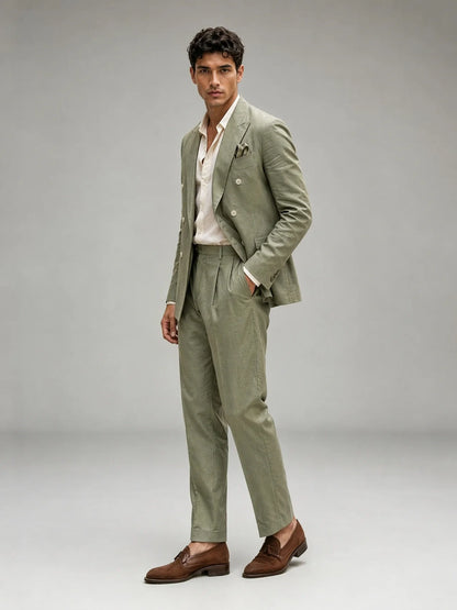Savile Men's Sage Green Linen-Blend Double-Breasted 2-Piece Suit Set – Peak Lapel Slim-Fit Blazer & Turn-Up Trousers
