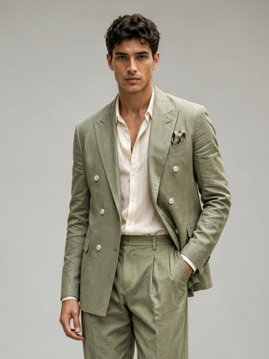 Savile GA0089 sage green linen double-breasted suit – full body three-quarter walking pose showing natural linen drape, movement and Italian tailoring silhouette
