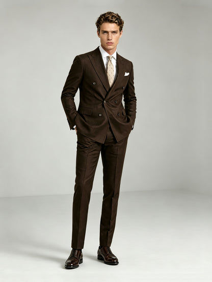 Savile GA0090 espresso brown double-breasted suit – upper body front view showing peak lapel, six-button closure, white shirt, cream printed tie and white pocket square