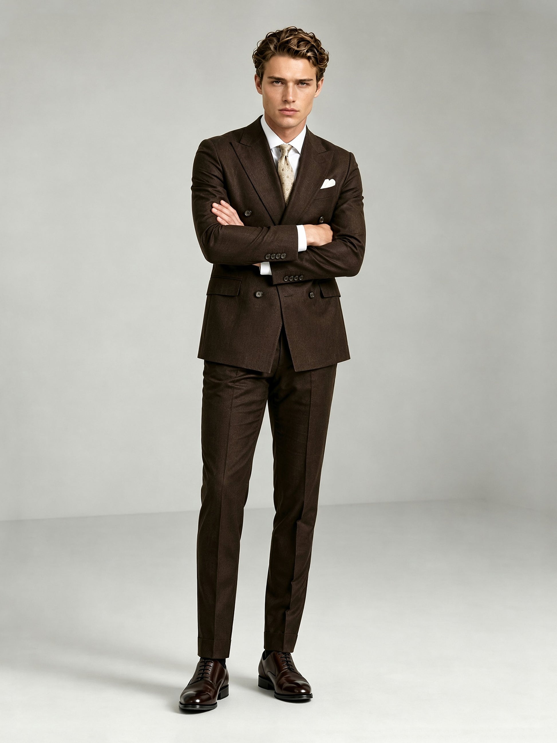 Savile GA0090 espresso brown wool 2-piece suit set – full body front view, both hands in pockets with dark brown brogue oxfords showing slim silhouette