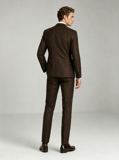 Savile GA0090 espresso brown double-breasted suit – full body front view, arms crossed showing structured peak lapel silhouette and slim trouser drape