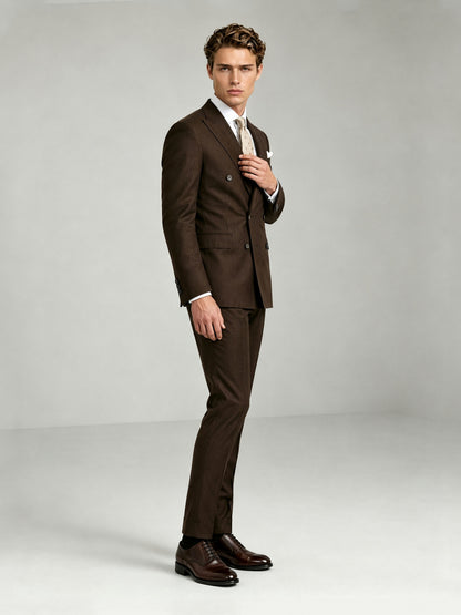Savile GA0090 espresso brown wool suit set – back view showing center vent, structured peak lapel shoulders and slim trouser drape with dark brown oxfords