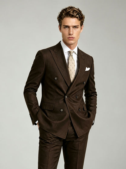 Savile GA0090 espresso brown double-breasted suit – full body side pose, hand adjusting tie showing Italian tailoring silhouette and slim trouser profile