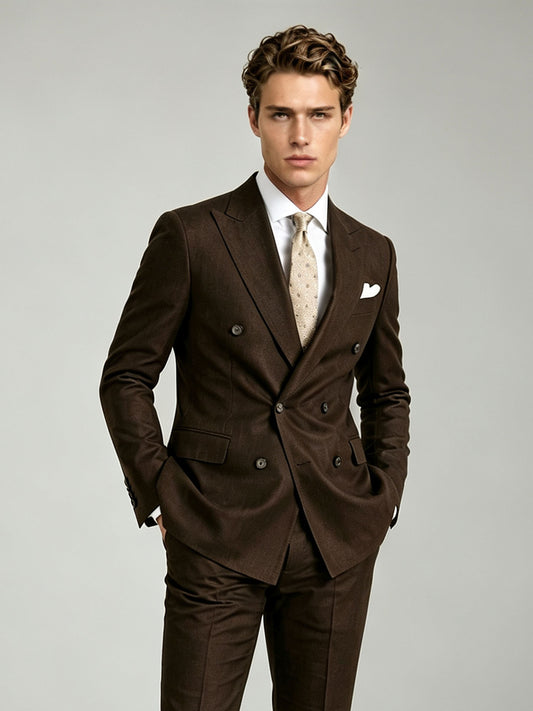 Savile GA0090 espresso brown double-breasted suit – full body side pose, hand adjusting tie showing Italian tailoring silhouette and slim trouser profile