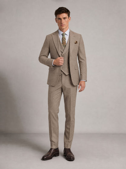 Savile GA0091 warm sand micro-check wool 3-piece suit set – full body front view, hand in pocket with dark brown brogue oxfords showing complete three-piece silhouette
