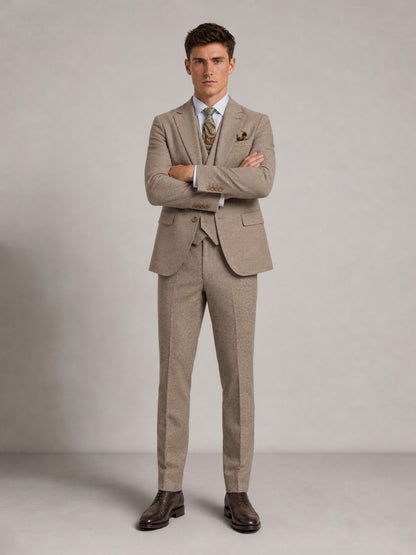 Savile GA0091 warm sand micro-check 3-piece suit set – back view showing side vents, structured notch lapel shoulders and slim trouser drape with dark brown oxfords