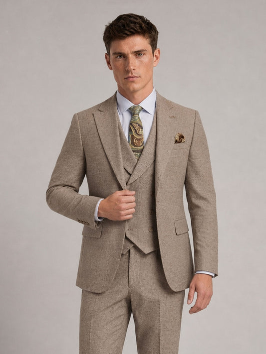 Savile GA0091 warm sand wool 3-piece suit – full body front view, arms crossed showing complete British tailoring silhouette with waistcoat, blazer and slim trousers