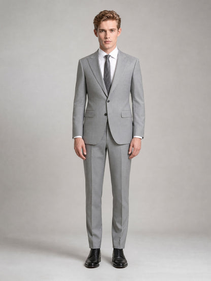 Savile GA0092 light grey 2-piece suit set – full body front view, natural standing pose with black brogue oxfords showing complete slim silhouette
