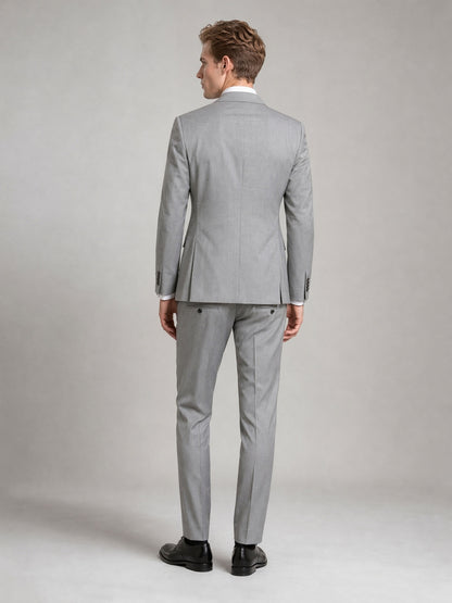 Savile GA0092 light grey wool suit set – back view showing side vents, structured notch lapel shoulders and slim trouser drape with black oxfords