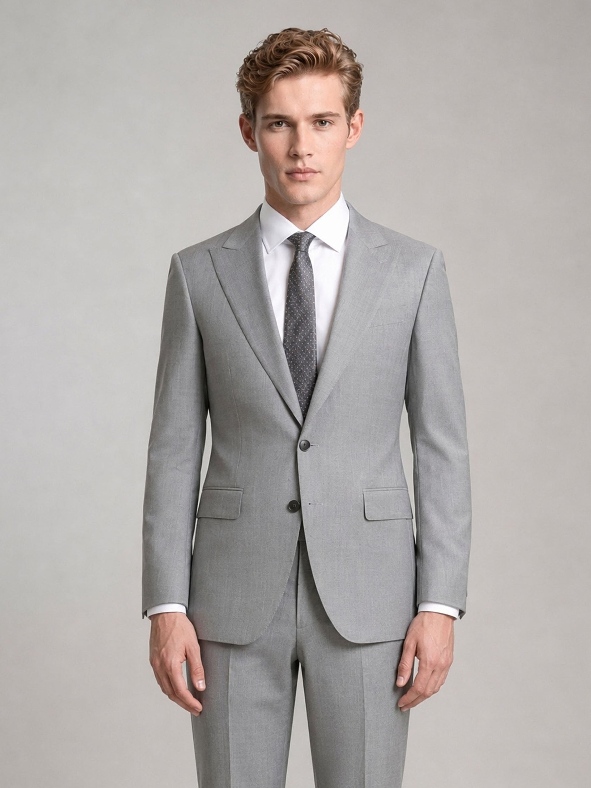 Savile GA0092 light grey wool 2-piece suit – upper body front view showing notch lapel, two-button closure, white shirt and dark grey geometric tie detail