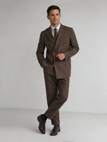 Savile GA0093 tobacco brown melange check double-breasted suit – upper body front view showing peak lapel, six-button closure, white stripe shirt and dark grey polka dot tie