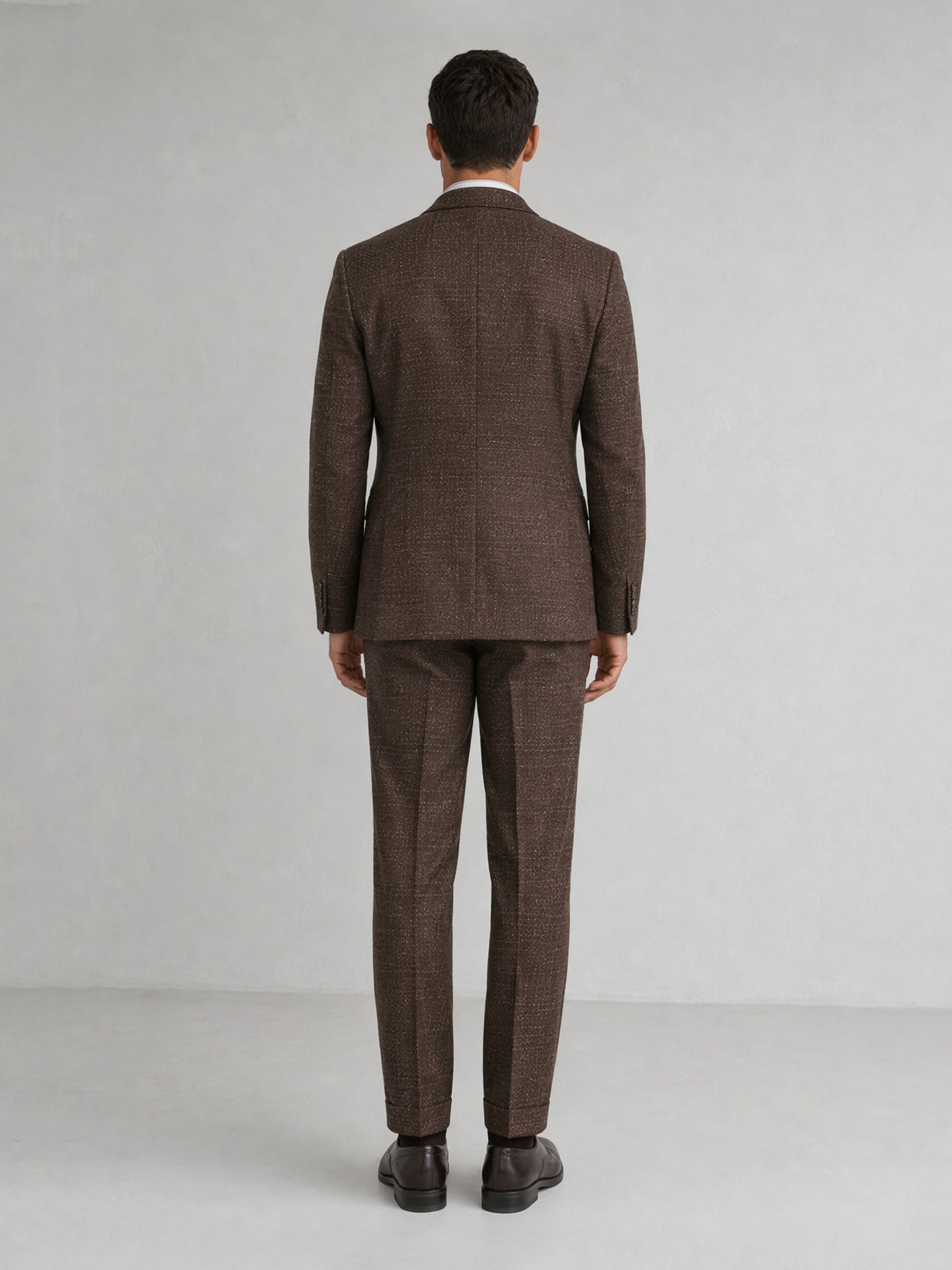 Savile GA0093 tobacco brown melange double-breasted suit – full body front view, natural standing pose with dark brown brogue oxfords showing complete silhouette