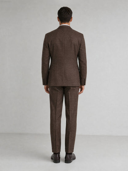 Savile GA0093 tobacco brown melange double-breasted suit – full body front view, natural standing pose with dark brown brogue oxfords showing complete silhouette