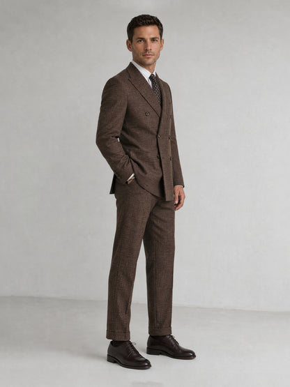 Savile GA0093 tobacco brown check suit set – back view showing center vent, structured peak lapel shoulders and slim trouser drape with dark brown oxfords
