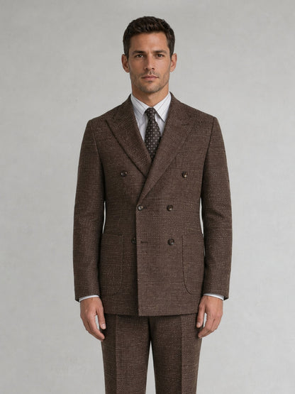 Savile GA0093 tobacco brown melange check wool suit – full body three-quarter side pose, hand in pocket showing Italian tailoring silhouette and slim trouser profile