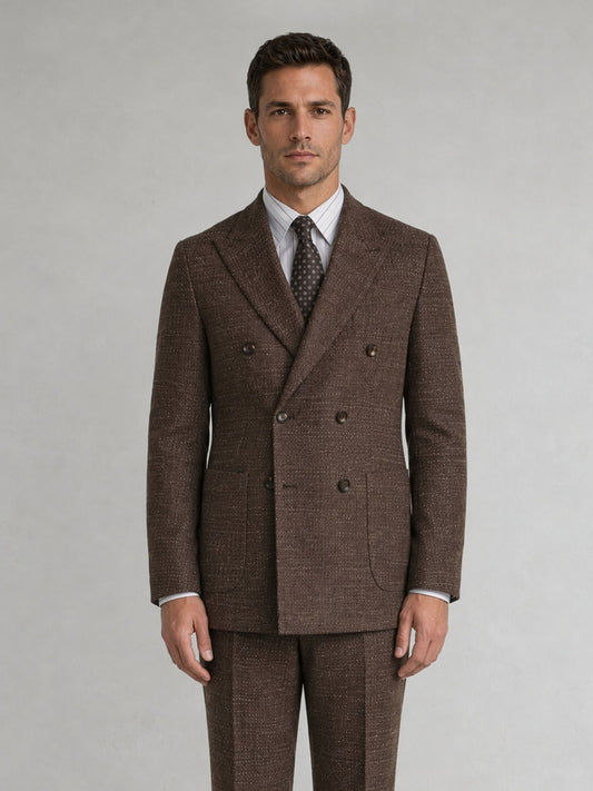 Savile GA0093 tobacco brown melange check wool suit – full body three-quarter side pose, hand in pocket showing Italian tailoring silhouette and slim trouser profile