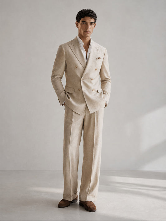 Savile GA0094 natural beige linen double-breasted suit – upper body front view showing peak lapel, six-button closure, white open-collar shirt and beige pocket square