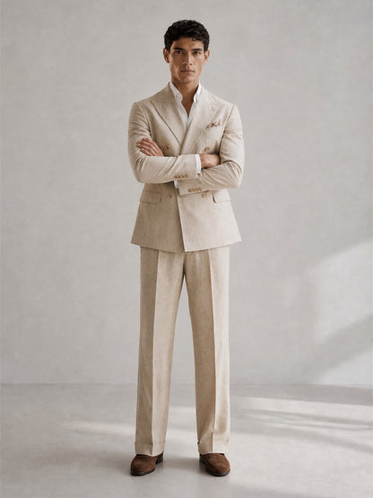Savile GA0094 natural beige linen 2-piece suit set – full body front view, both hands in pockets with dark brown suede loafers showing wide-leg turn-up trousers