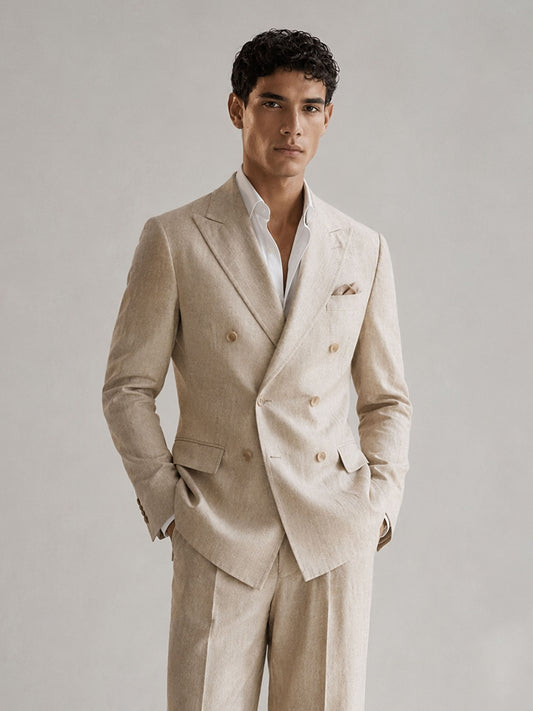 Savile GA0094 natural beige linen double-breasted suit – full body front view, single hand in pocket showing complete Neapolitan tailoring silhouette and wide-leg trousers