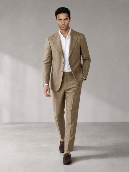 Savile camel linen suit – three-quarter front view, walking
