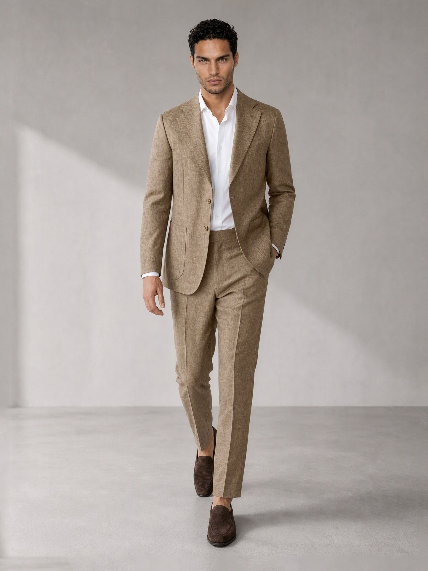Savile camel linen suit – full-length front view, standing