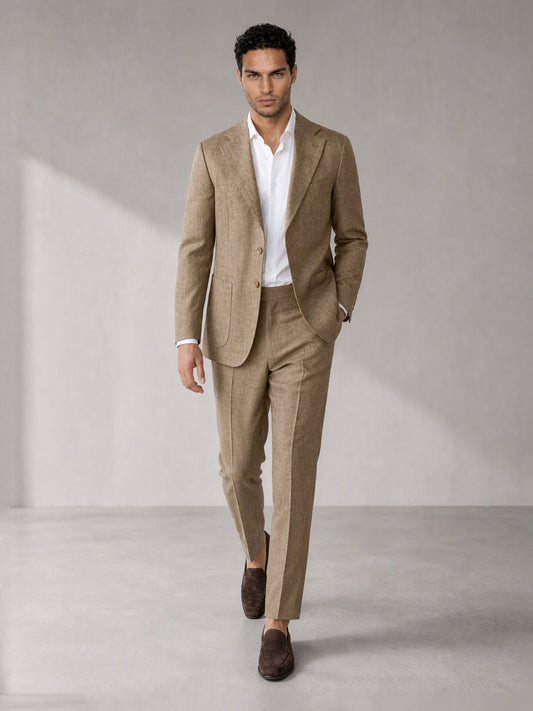 Savile camel linen suit – full-length front view, standing